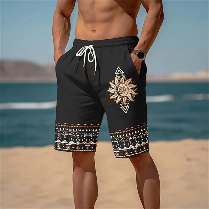 Men's Printed Beach Shorts with Solar Motif for Summer Fun