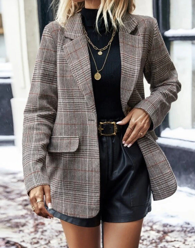 Women's Plaid Single Button Jacket