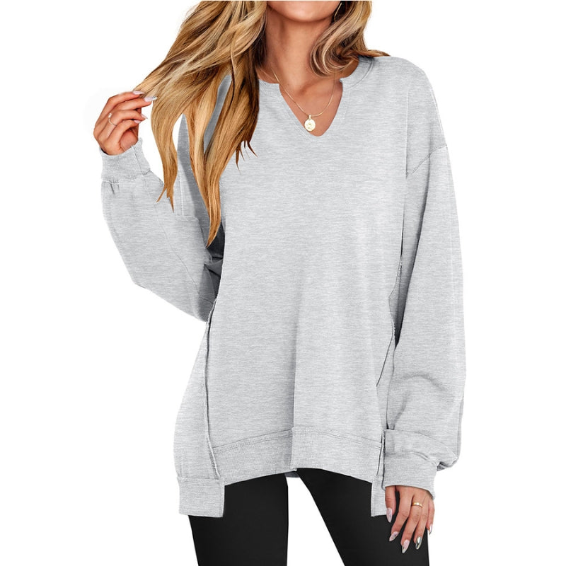 Women's Oversized V-Neck Long Sleeve Tunic Sweatshirt