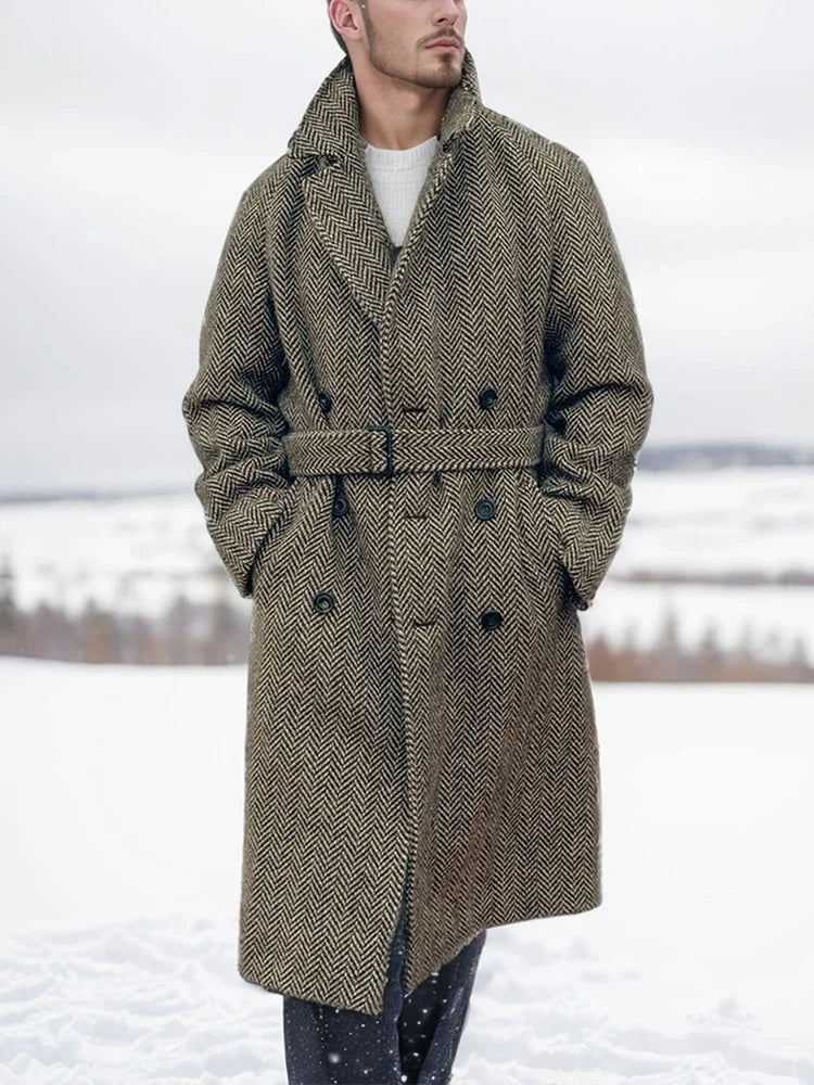 Men's Long Herringbone Pattern Coat for Stylish Winter Wear