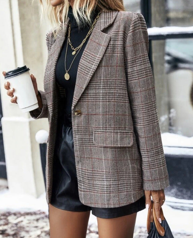 Women's Plaid Single Button Jacket