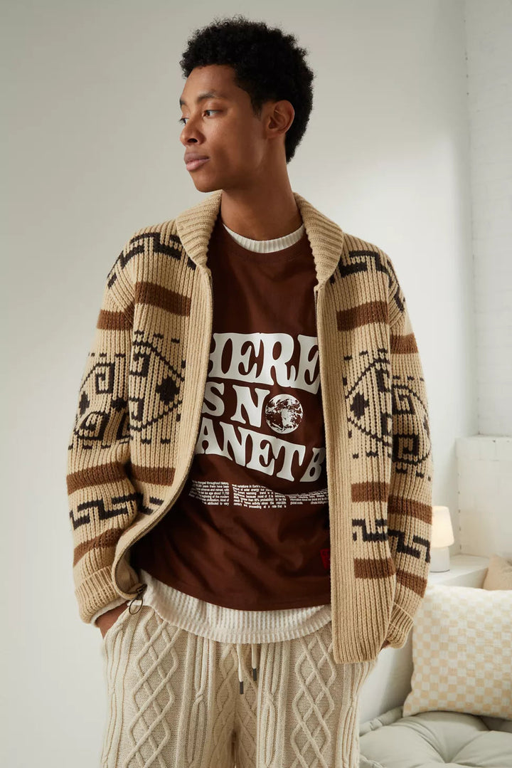 Men's Vintage Jacquard Knitted Cardigan with Zipper for Modern Comfort