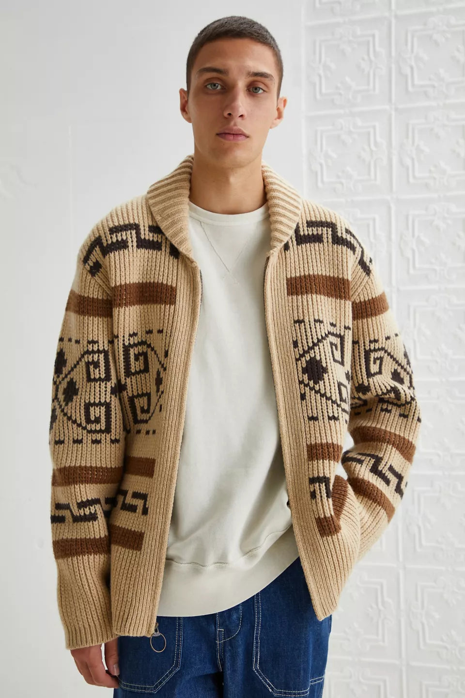 Men's Vintage Jacquard Knitted Cardigan with Zipper for Modern Comfort