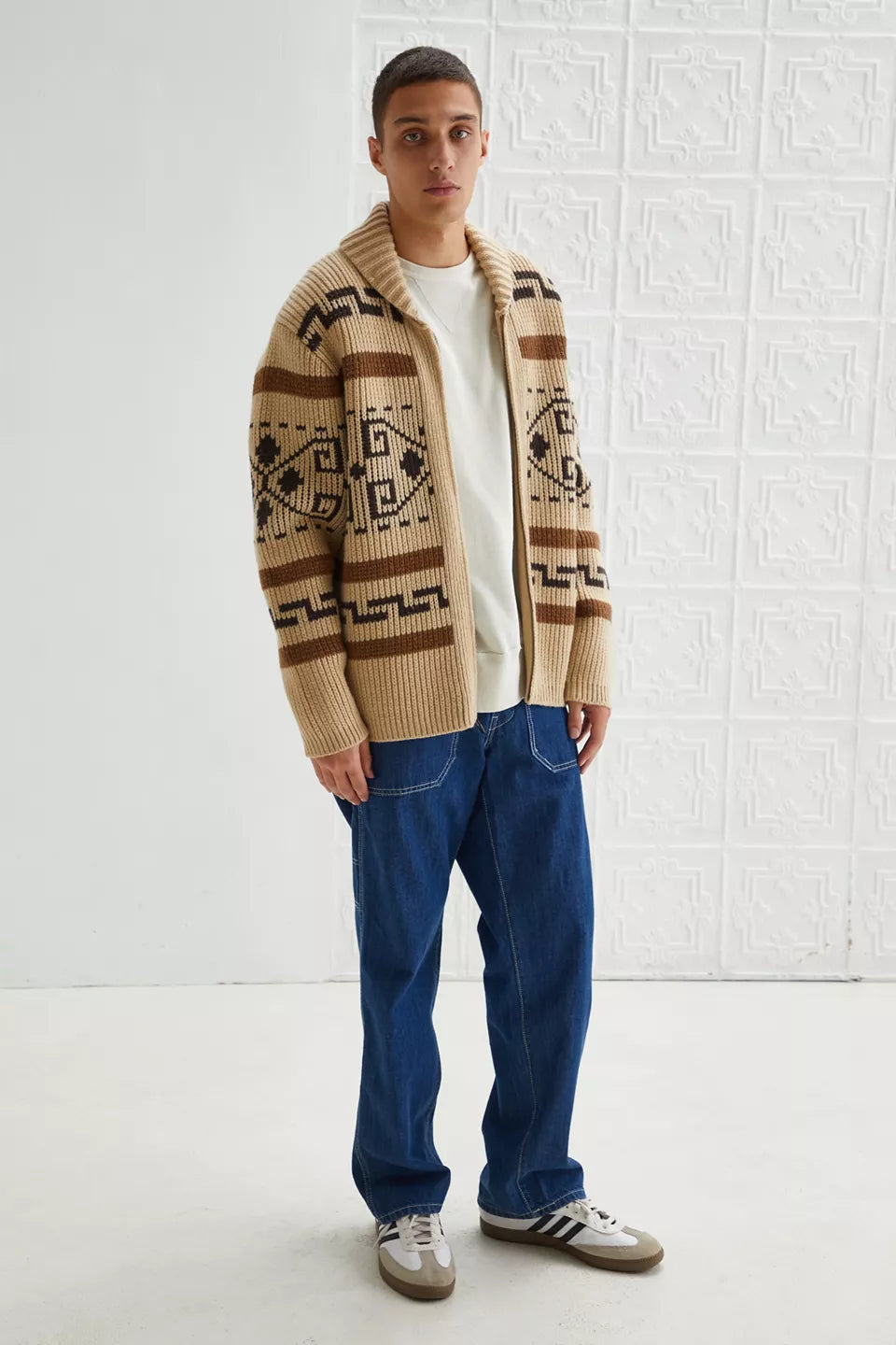 Men's Vintage Jacquard Knitted Cardigan with Zipper for Modern Comfort