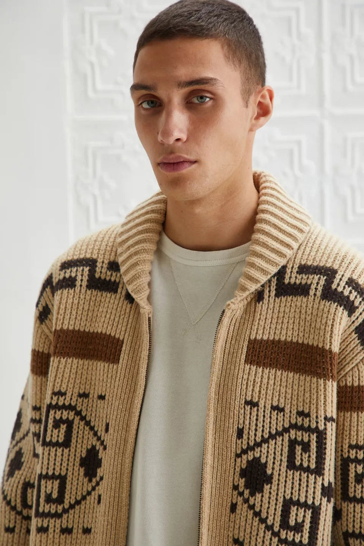Men's Vintage Jacquard Knitted Cardigan with Zipper for Modern Comfort