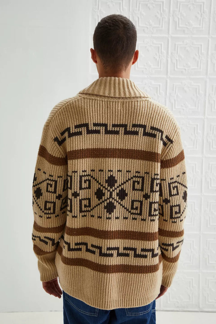 Men's Vintage Jacquard Knitted Cardigan with Zipper for Modern Comfort