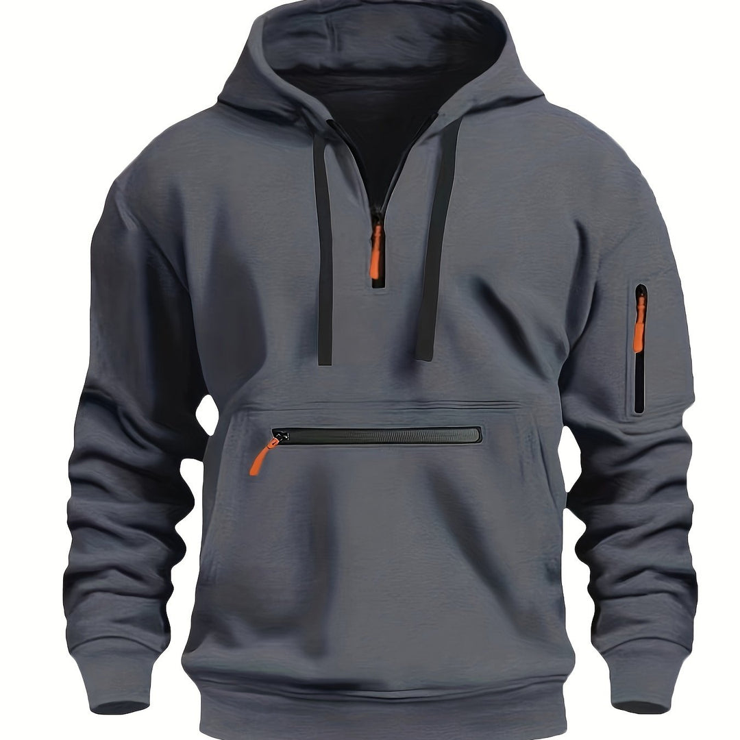 Men's Solid Color Half-Zip Long Sleeve Casual Hoodie with Pocket
