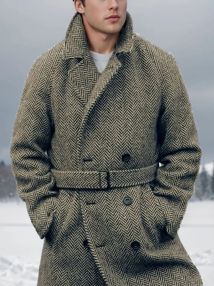 Men's Long Herringbone Pattern Coat for Stylish Winter Wear