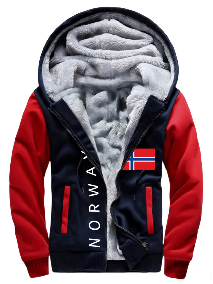 Men's Warm Fleece Hooded Jacket, Casual Color Block Coat for Winter