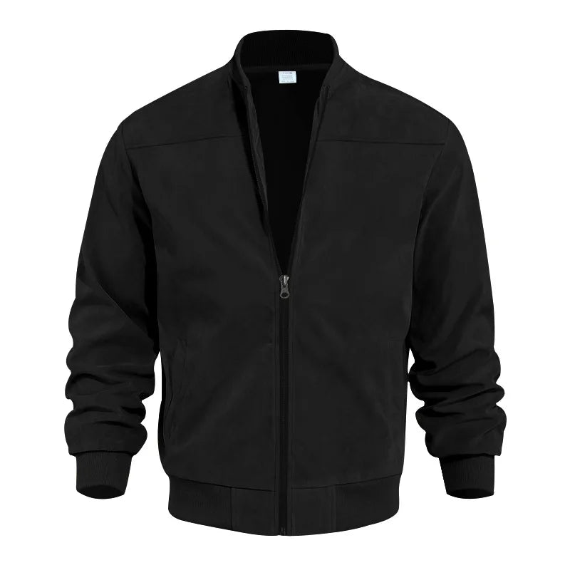 Men's Suede Bomber Jacket with Stand Collar for Casual Wear