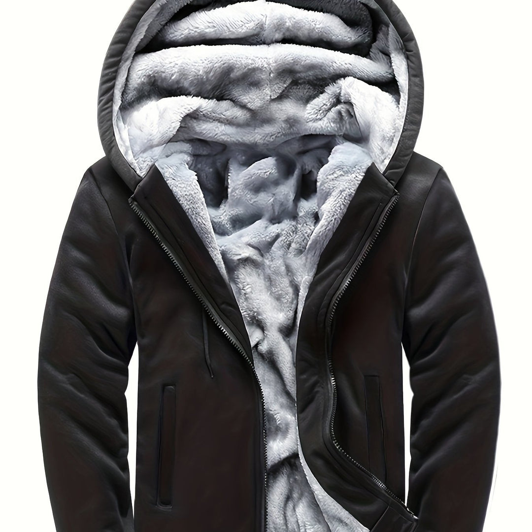 Men's Warm Fleece Hooded Jacket, Casual Color Block Coat for Winter