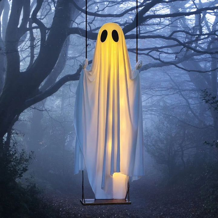 Halloween's Outdoor Ghost Swing with Lights and Wooden Seat Decor