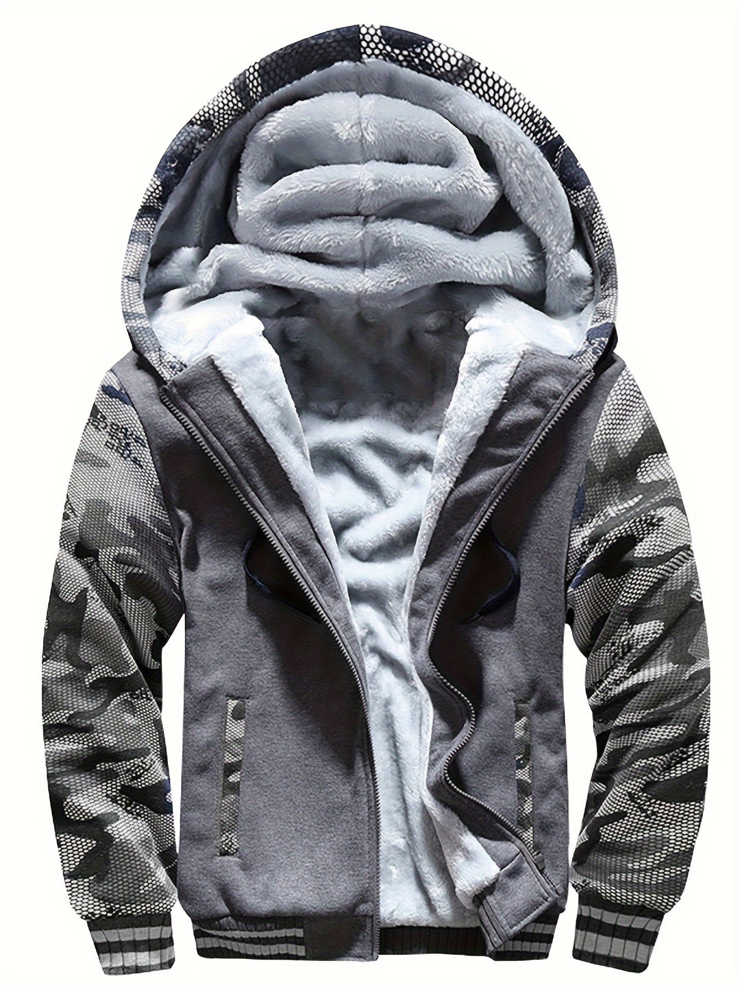 Men's Warm Fleece Hooded Jacket, Casual Color Block Coat for Winter
