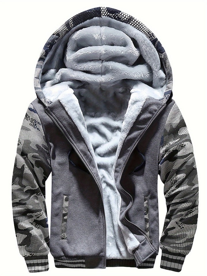 Men's Warm Fleece Hooded Jacket, Casual Color Block Coat for Winter