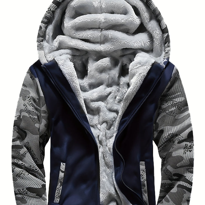 Men's Warm Fleece Hooded Jacket, Casual Color Block Coat for Winter
