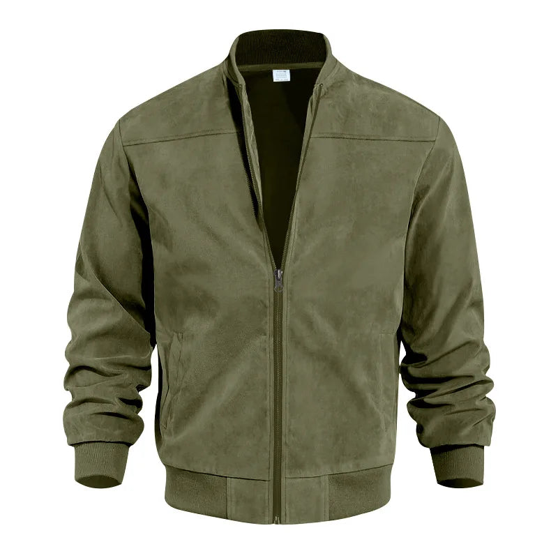 Men's Suede Bomber Jacket with Stand Collar for Casual Wear