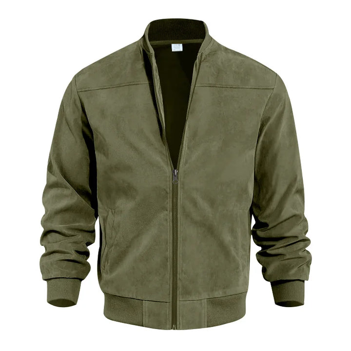 Men's Suede Bomber Jacket with Stand Collar for Casual Wear