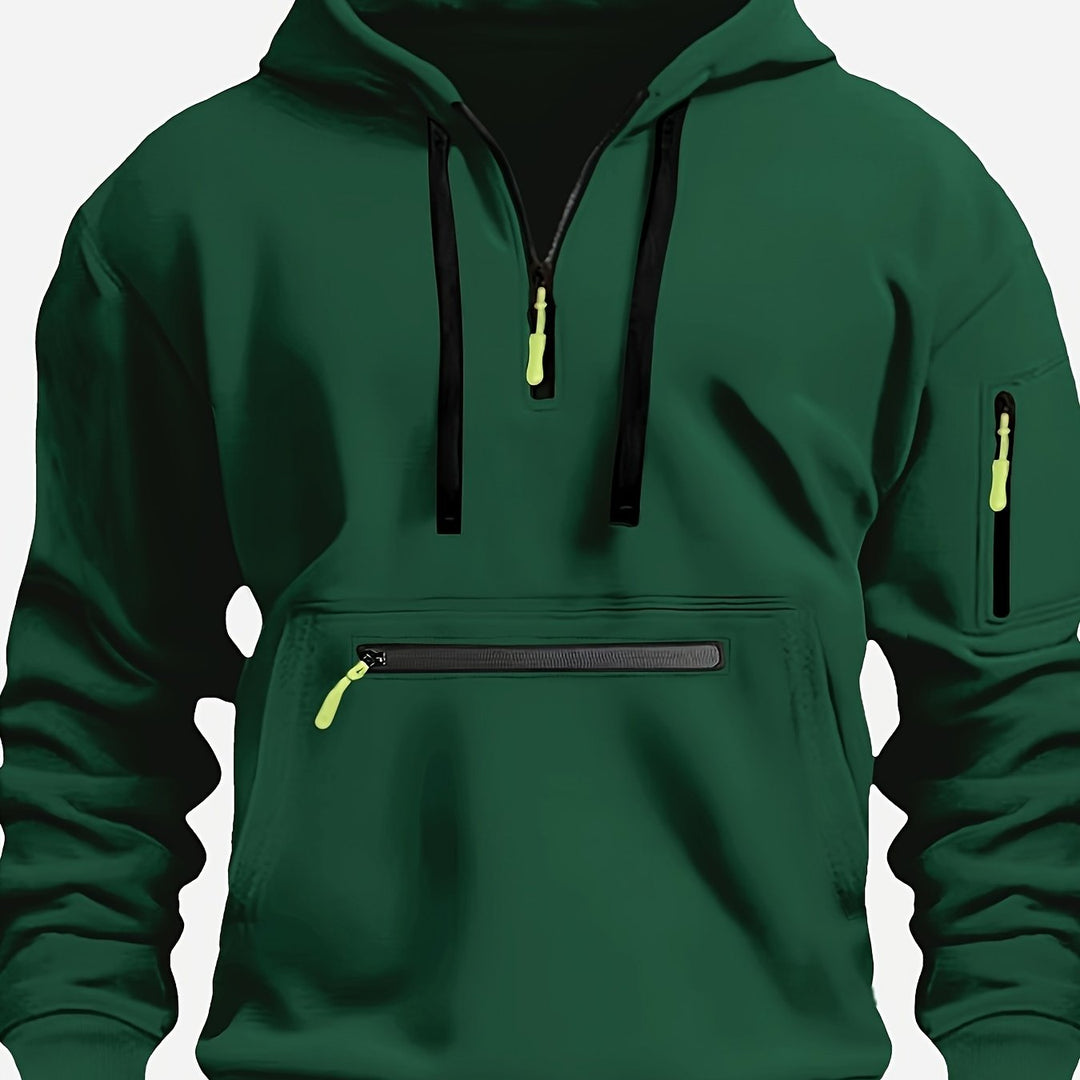 Men's Solid Color Half-Zip Long Sleeve Casual Hoodie with Pocket