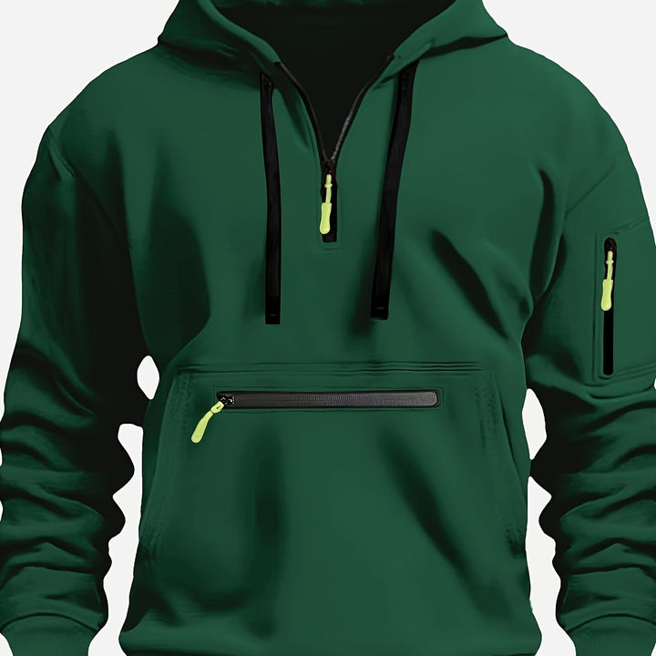 Men's Solid Color Half-Zip Long Sleeve Casual Hoodie with Pocket