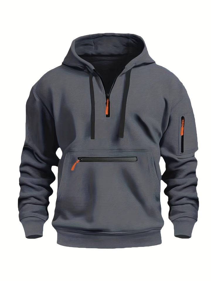 Men's Solid Color Half-Zip Long Sleeve Casual Hoodie with Pocket