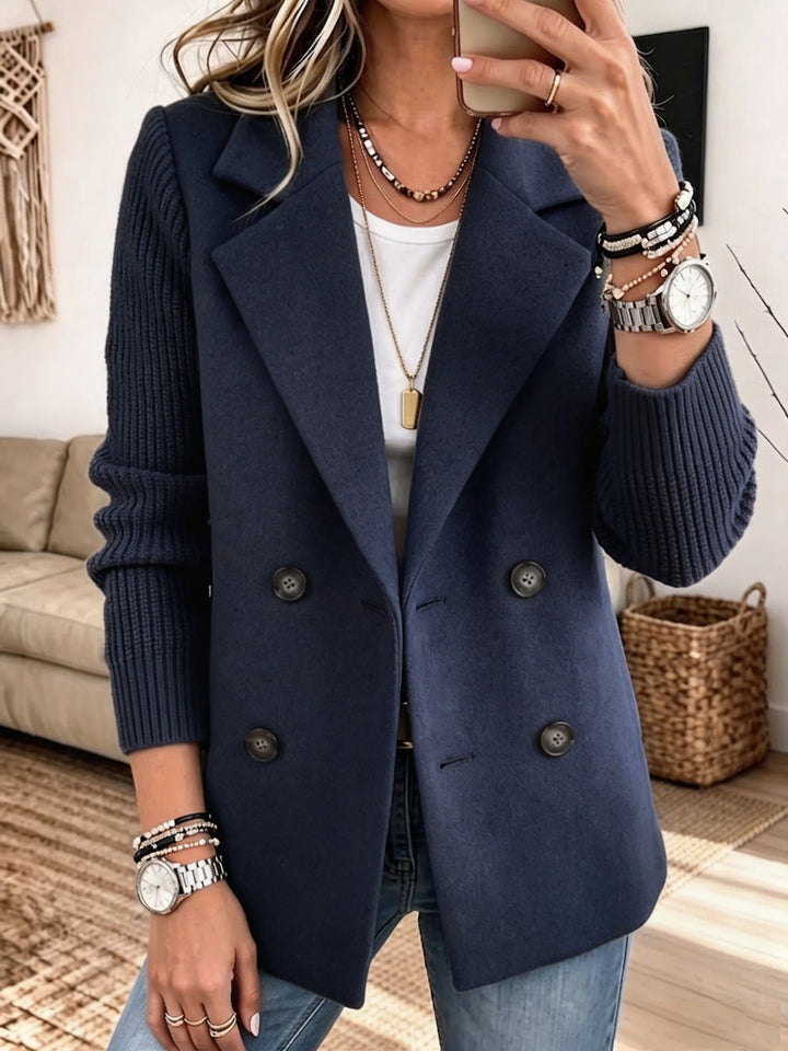 Women's Double-Breasted Blazer with Ribbed Knit Sleeves