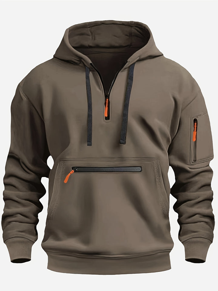 Men's Solid Color Half-Zip Long Sleeve Casual Hoodie with Pocket