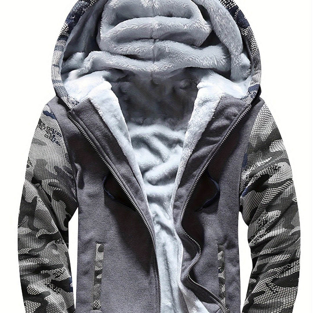 Men's Warm Fleece Hooded Jacket, Casual Color Block Coat for Winter