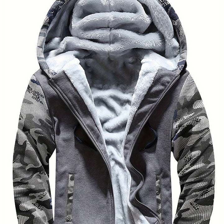 Men's Warm Fleece Hooded Jacket, Casual Color Block Coat for Winter