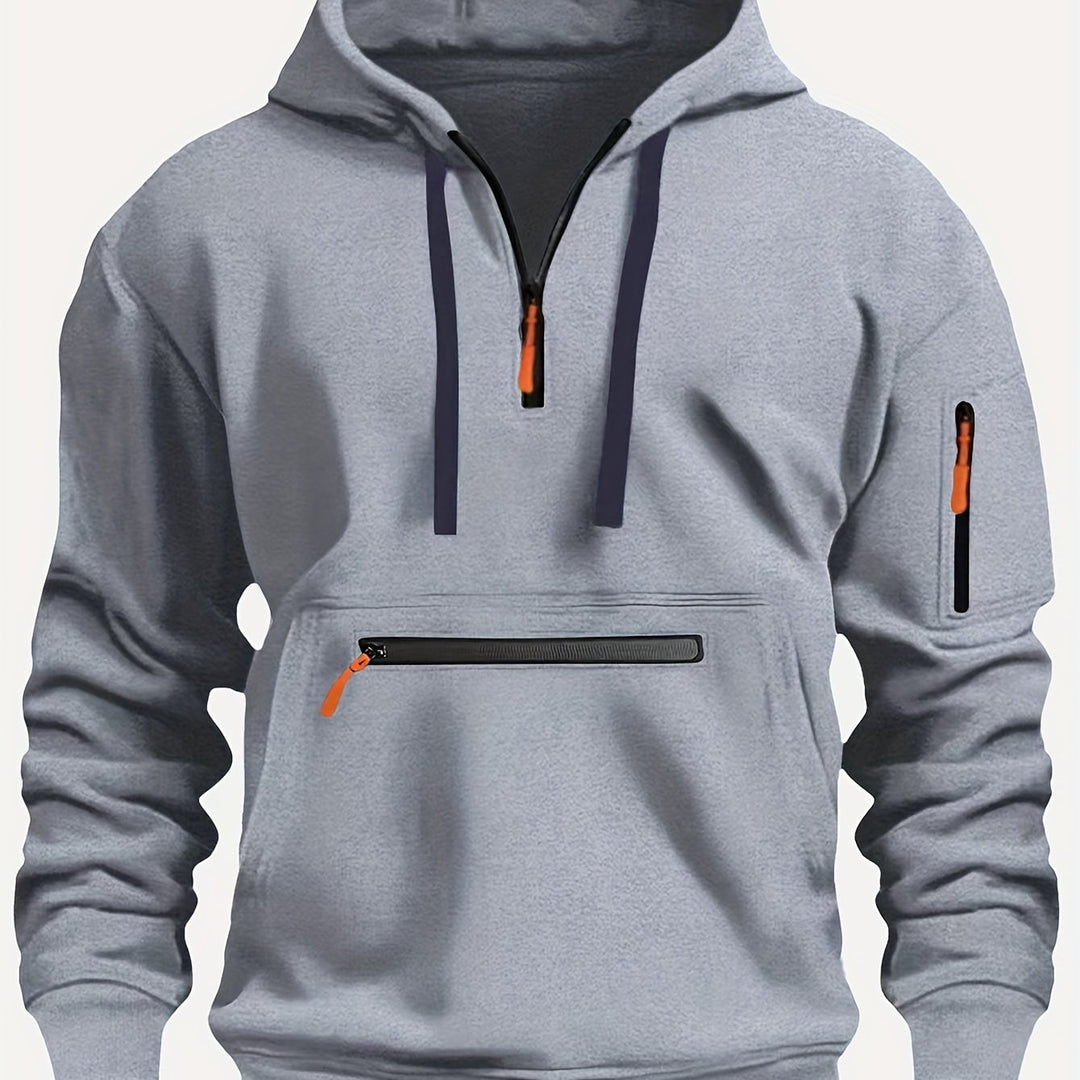 Men's Solid Color Half-Zip Long Sleeve Casual Hoodie with Pocket
