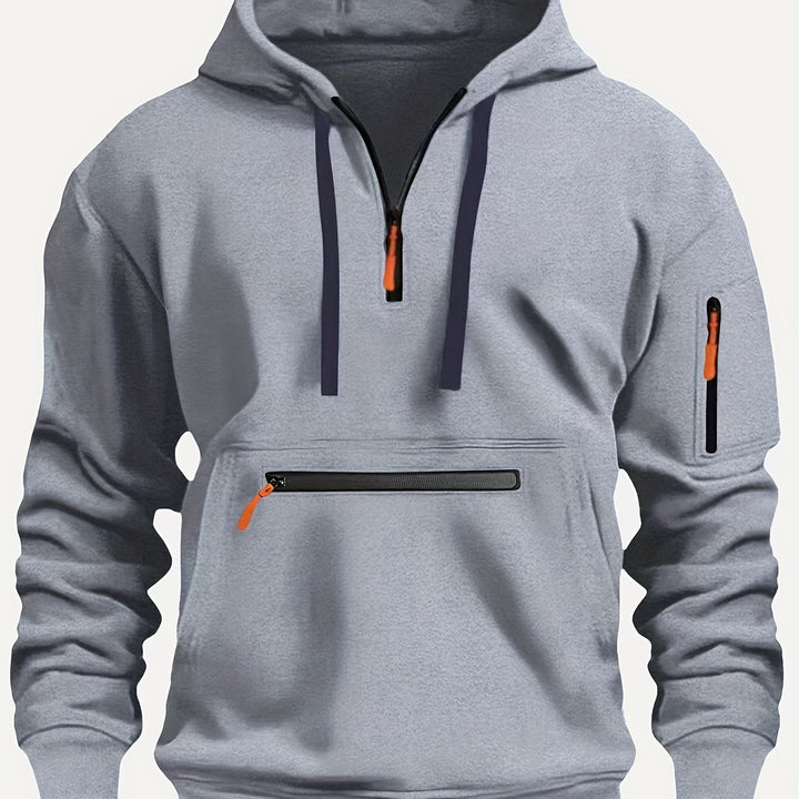 Men's Solid Color Half-Zip Long Sleeve Casual Hoodie with Pocket
