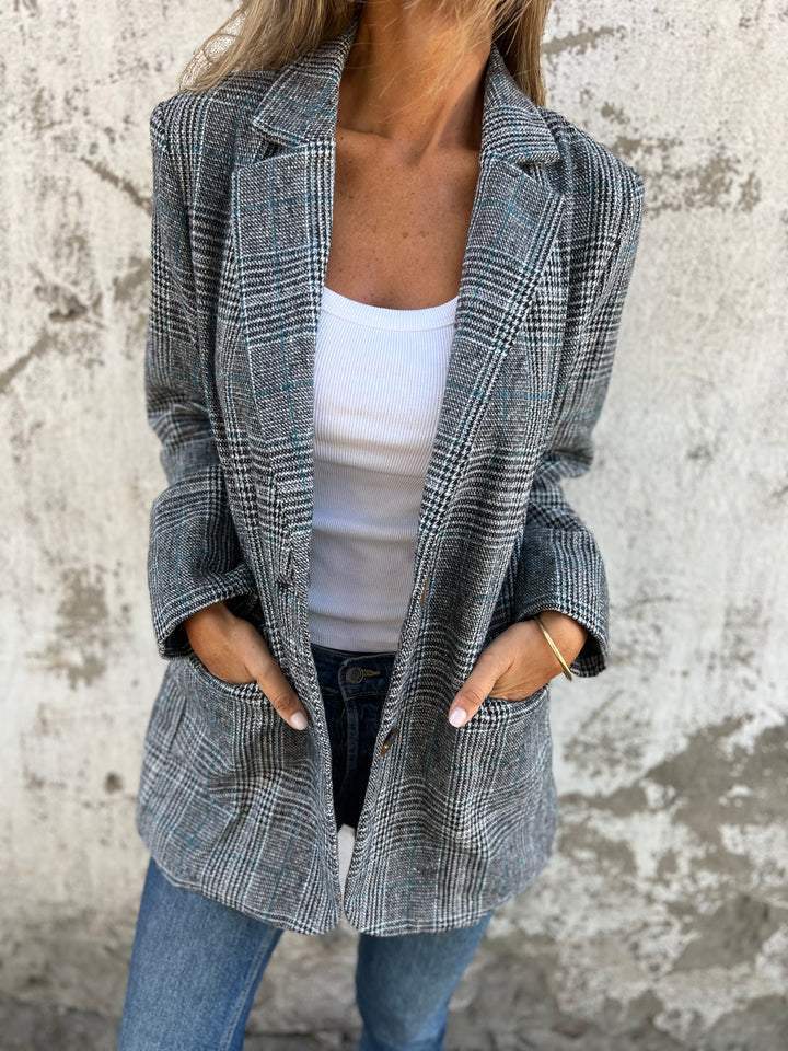 Women's Plaid Single-Breasted Blazer with Notch Lapel & Pockets