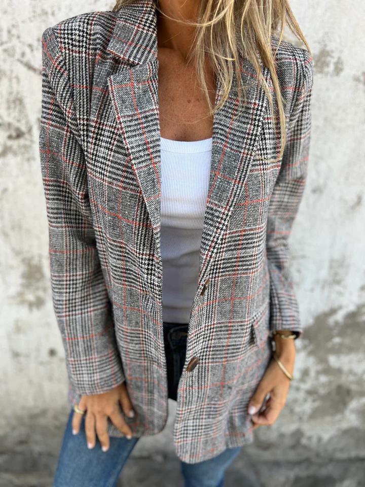 Women's Plaid Single-Breasted Blazer with Notch Lapel & Pockets