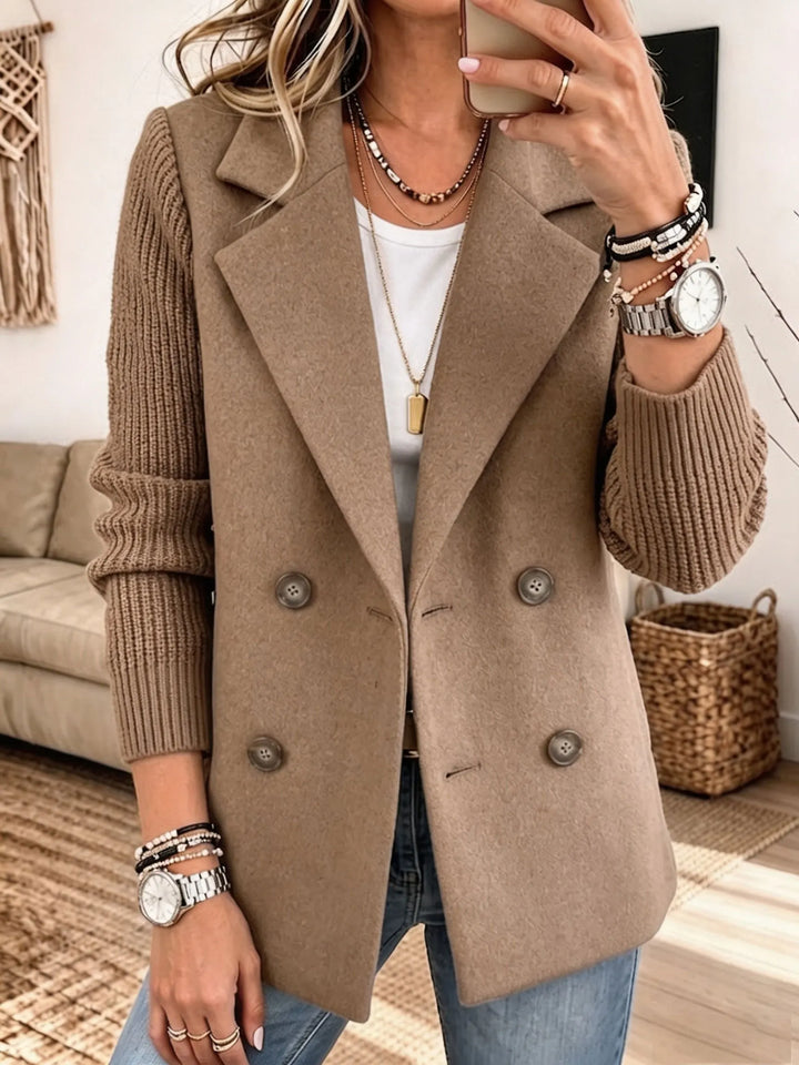 Women's Double-Breasted Blazer with Ribbed Knit Sleeves
