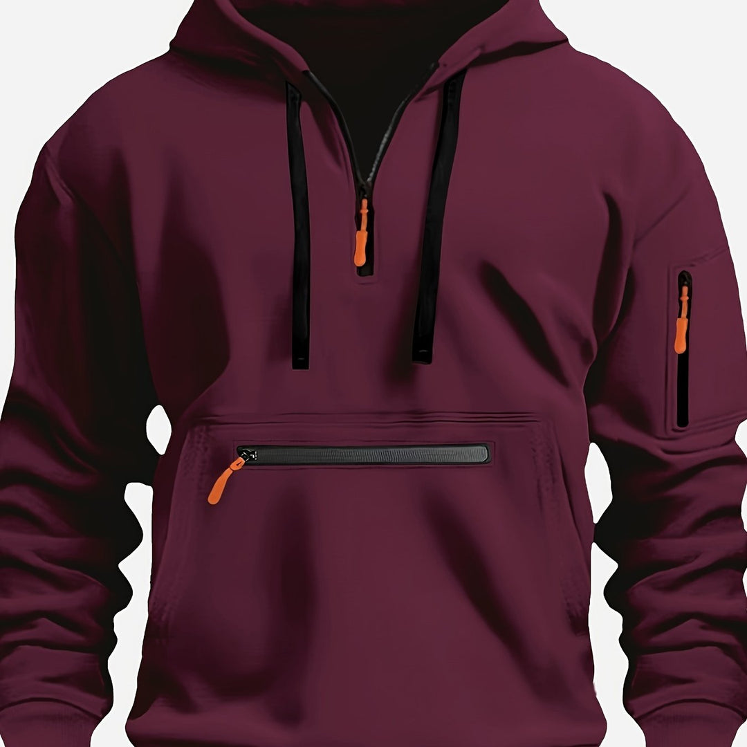 Men's Solid Color Half-Zip Long Sleeve Casual Hoodie with Pocket