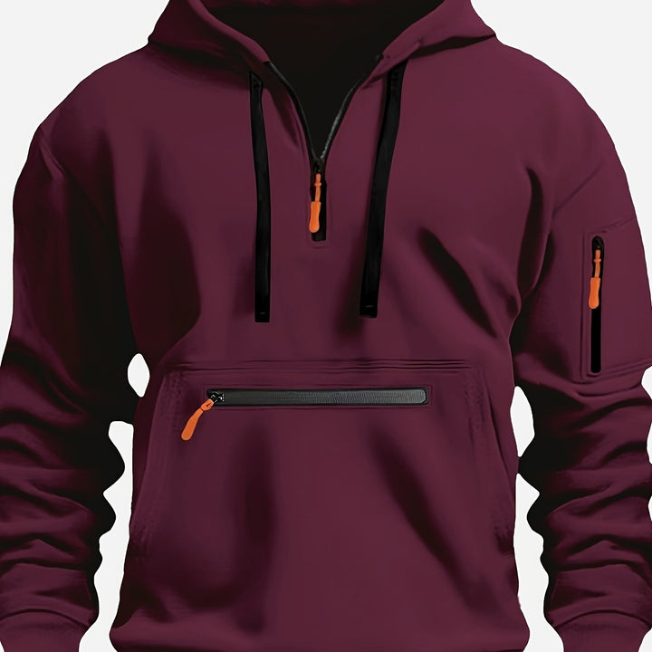 Men's Solid Color Half-Zip Long Sleeve Casual Hoodie with Pocket