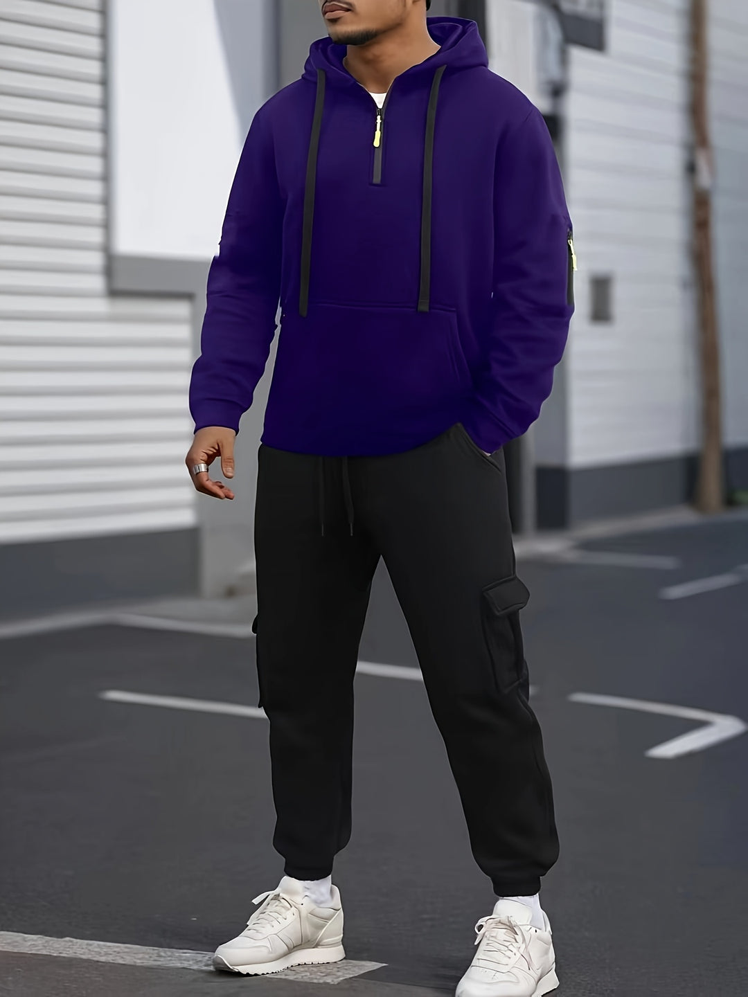 Men's Solid Color Half-Zip Long Sleeve Casual Hoodie with Pocket