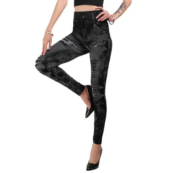 Women's Stretch Leggings Imitation Jeans High Waisted Casual Gym Wear