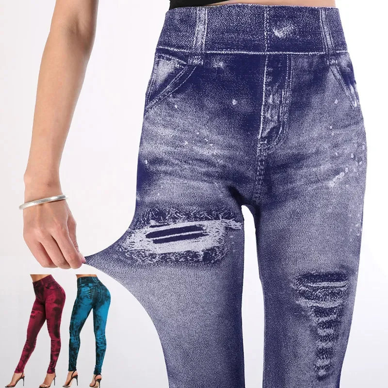 Women's Stretch Leggings Imitation Jeans High Waisted Casual Gym Wear