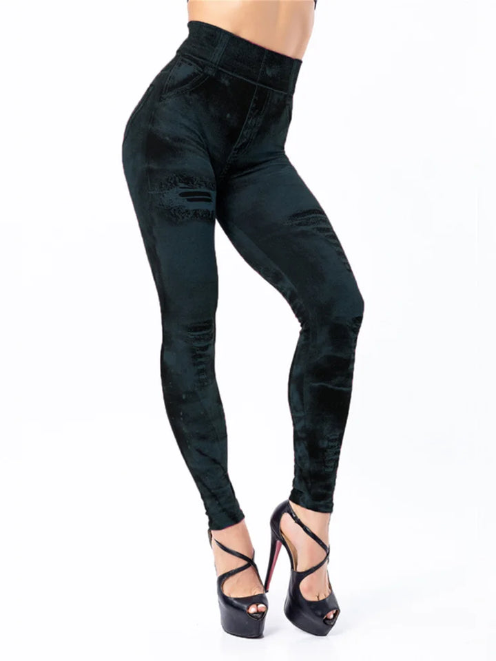 Women's Stretch Leggings Imitation Jeans High Waisted Casual Gym Wear