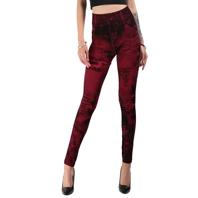 Women's Stretch Leggings Imitation Jeans High Waisted Casual Gym Wear