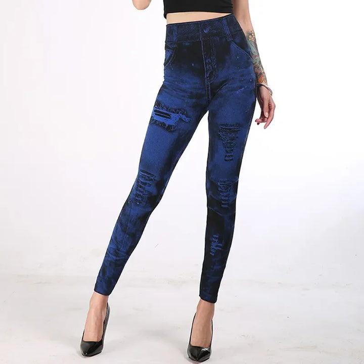Women's Stretch Leggings Imitation Jeans High Waisted Casual Gym Wear