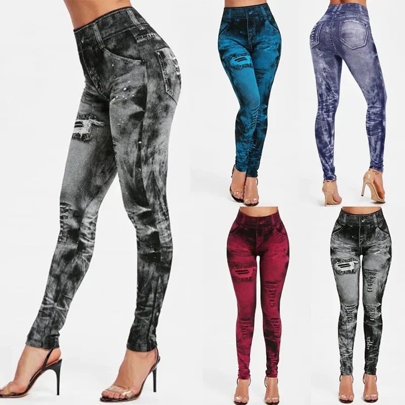 Women's Stretch Leggings Imitation Jeans High Waisted Casual Gym Wear