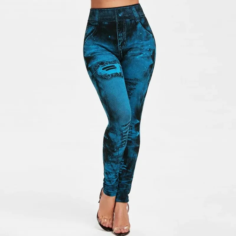 Women's Stretch Leggings Imitation Jeans High Waisted Casual Gym Wear