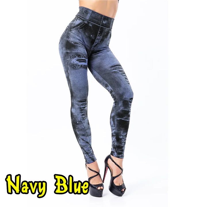 Women's Stretch Leggings Imitation Jeans High Waisted Casual Gym Wear