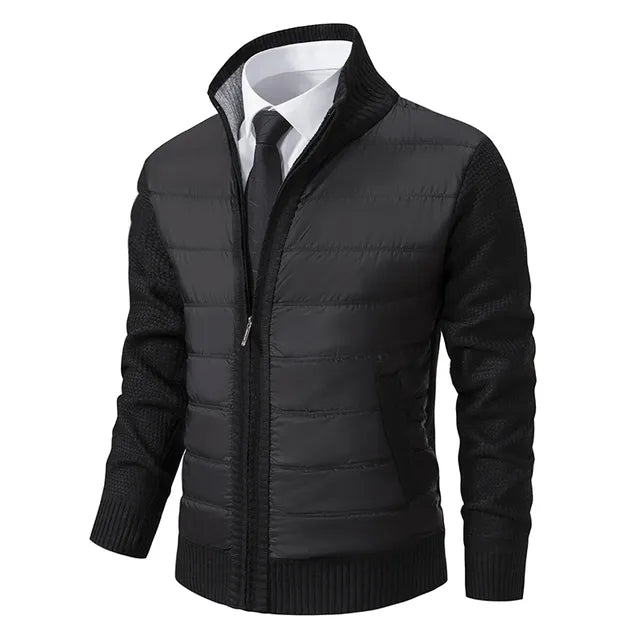 Men's Quilted-Body Knit-Sleeve Stand-Collar Slim-Fit Jacket