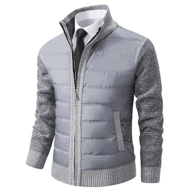 Men's Quilted-Body Knit-Sleeve Stand-Collar Slim-Fit Jacket
