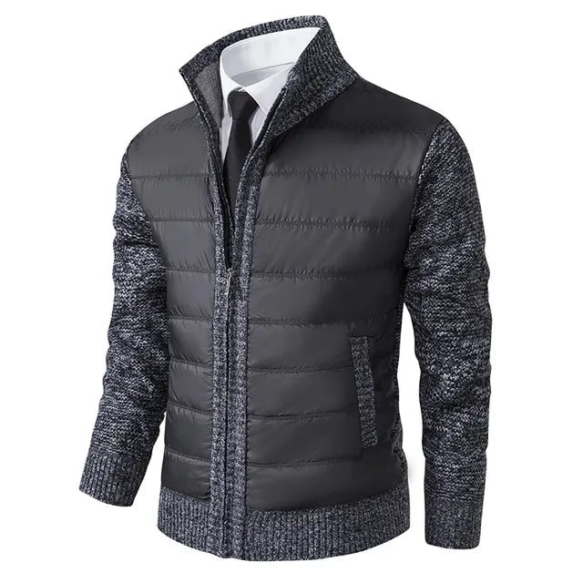 Men's Quilted-Body Knit-Sleeve Stand-Collar Slim-Fit Jacket