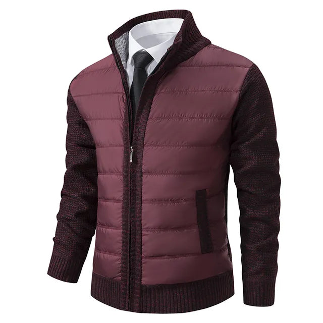 Men's Quilted-Body Knit-Sleeve Stand-Collar Slim-Fit Jacket
