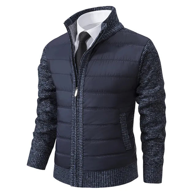Men's Quilted-Body Knit-Sleeve Stand-Collar Slim-Fit Jacket