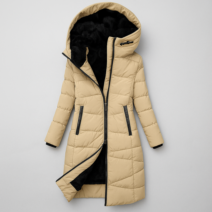 Women's Long Quilted Hooded Jacket in Amber Color